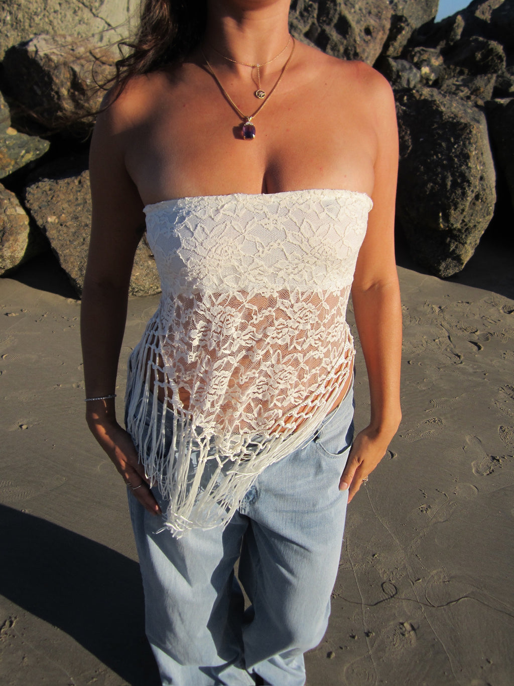 White Fringe Scarf Top